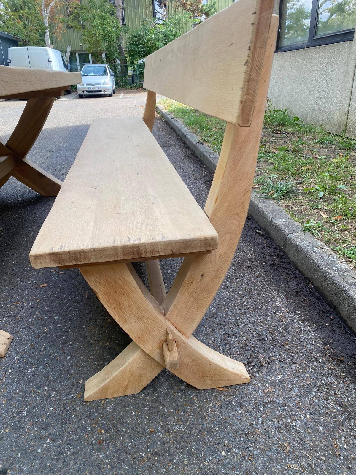 Monastery bench with a 220 cm backrest, renovated in raw solid oak with X legs.