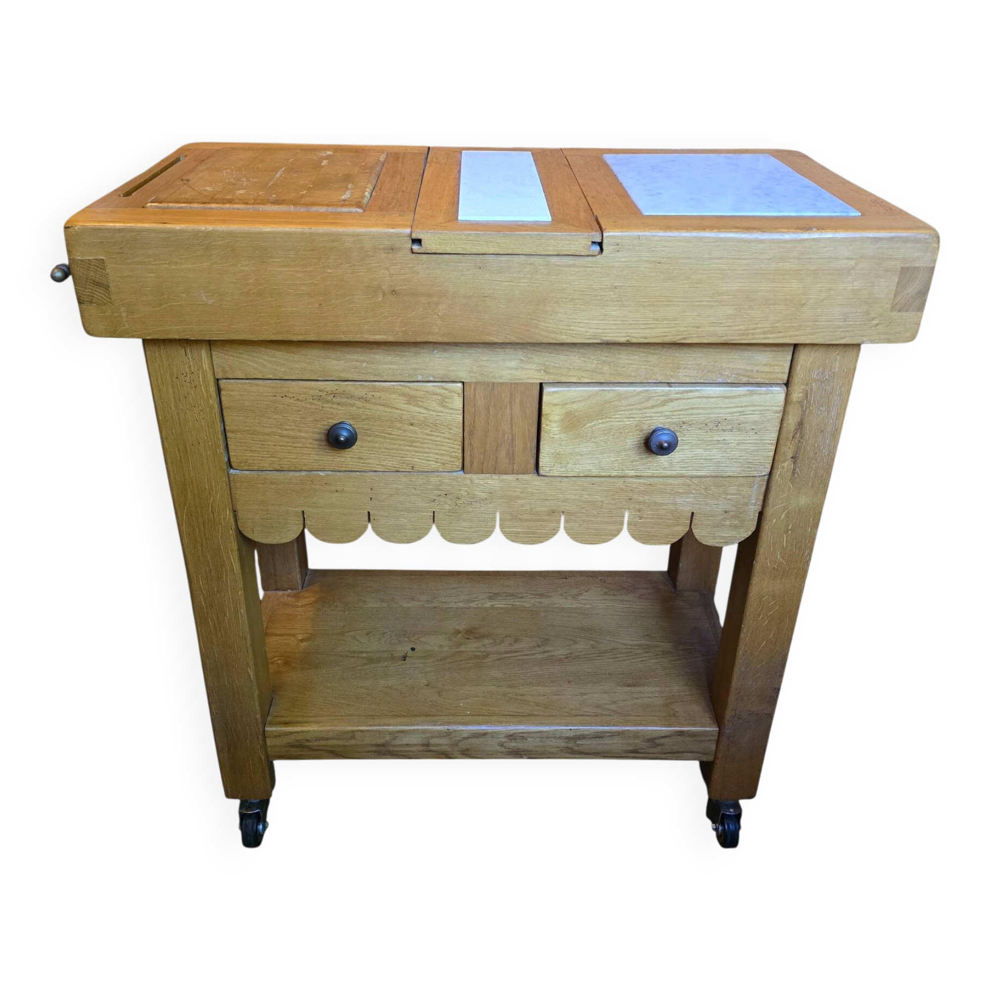 Old oak butcher's block with marble top and central section co