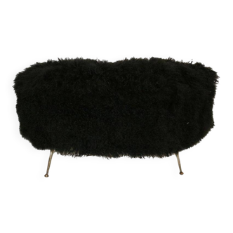 Mid-Century Modern Black Mongolian Goat and Bronze Italian Stool, 1950s