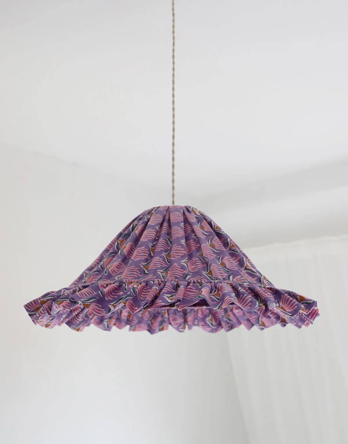 Emilia "purple shell flowers" conical textile suspension with flounce