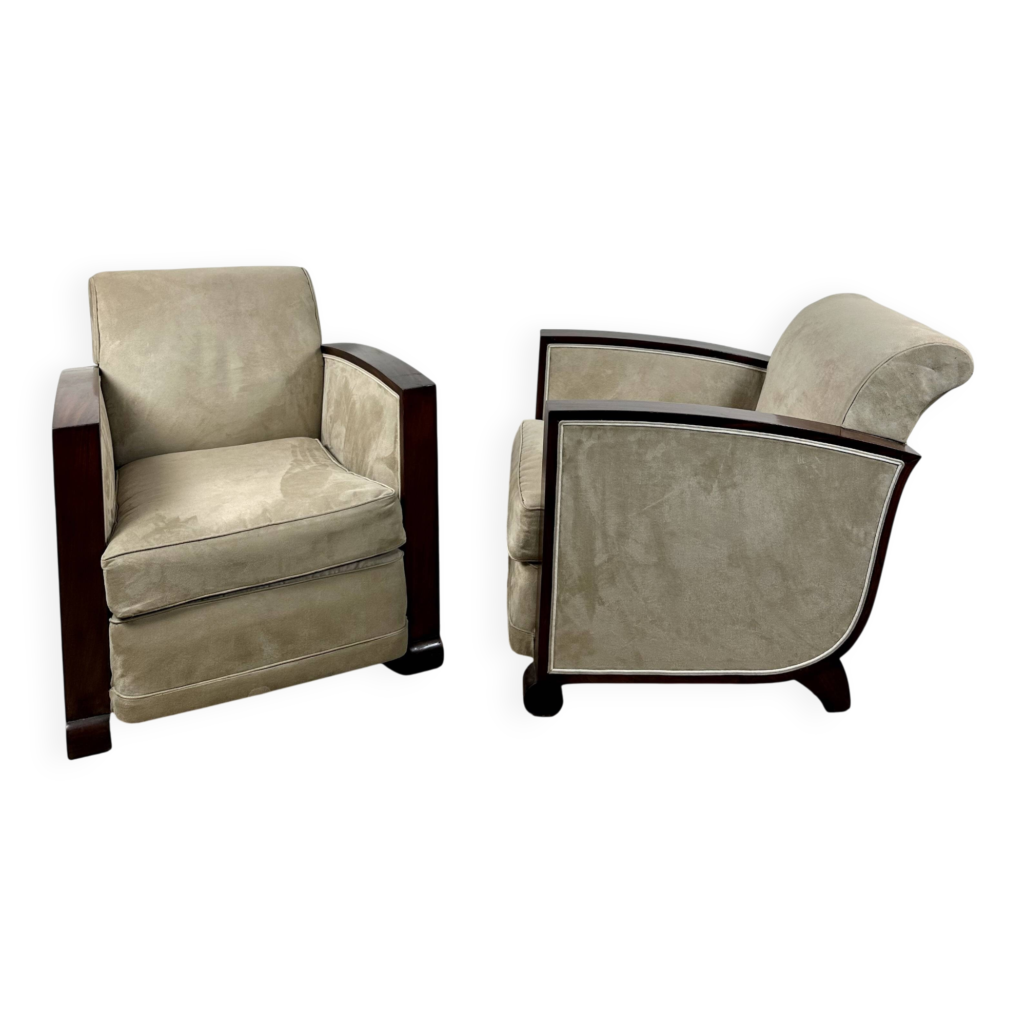 Pair of Art Deco armchairs in rosewood and suede.