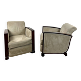 Pair of Art Deco armchairs in rosewood and suede.