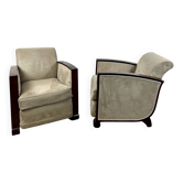 Pair of Art Deco armchairs in rosewood and suede.
