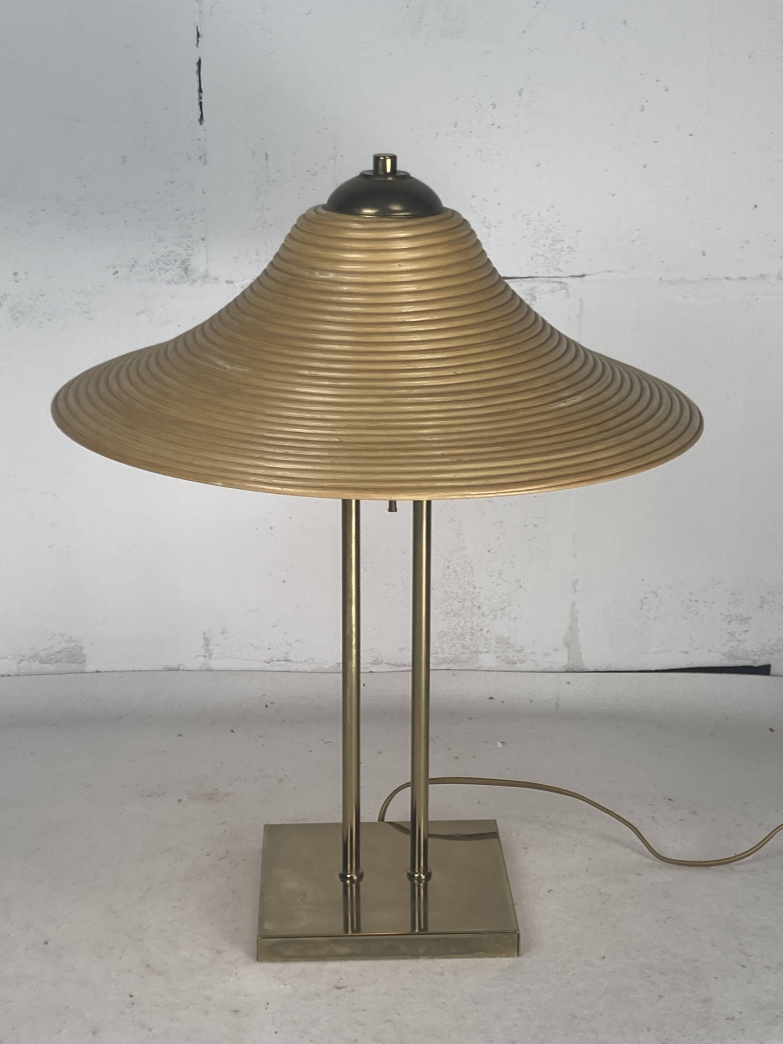 Brass and pencil reed rattan table lamp, Italy 1970s