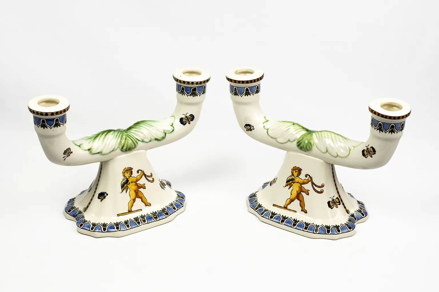 Pair of Renaissance candlesticks in earthenware – Gien pottery, 1970s