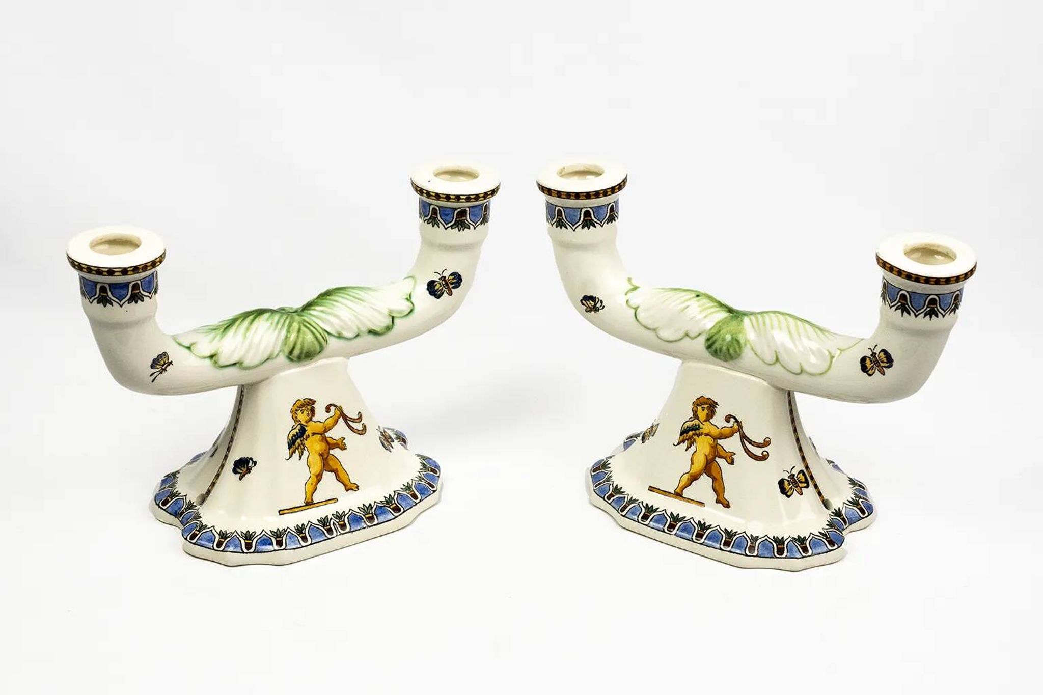 Pair of Renaissance candlesticks in earthenware – Gien pottery, 1970s