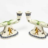 Pair of Renaissance candlesticks in earthenware – Gien pottery, 1970s