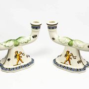 Pair of Renaissance candlesticks in earthenware – Gien pottery, 1970s
