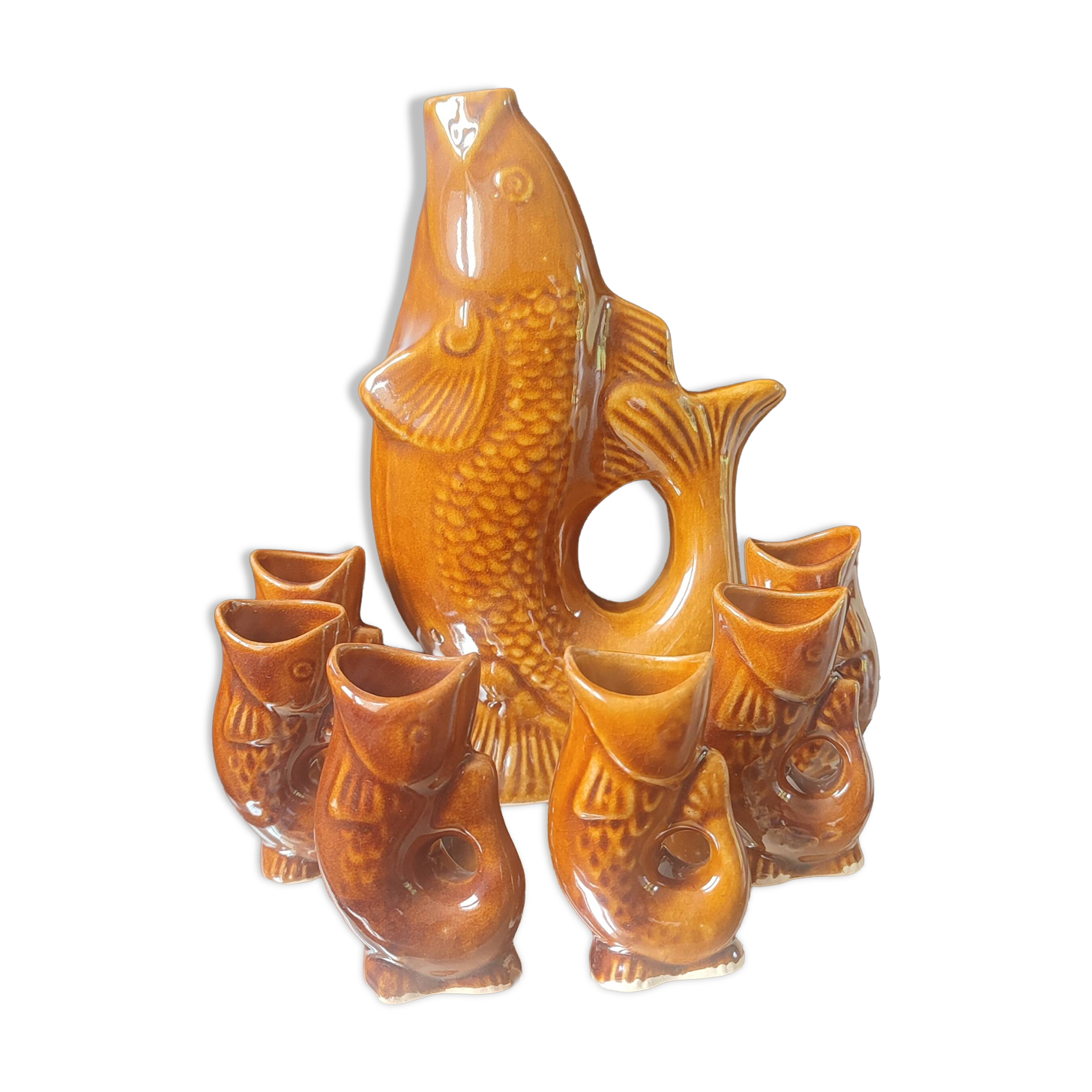 Carafe and glasses "Fish" Amber Ceramic Vintage USSR era