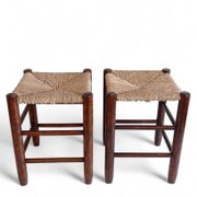 Charlotte Perriand Style, Pair of Rustic Wood and Straw Stools, France, c. 1950s