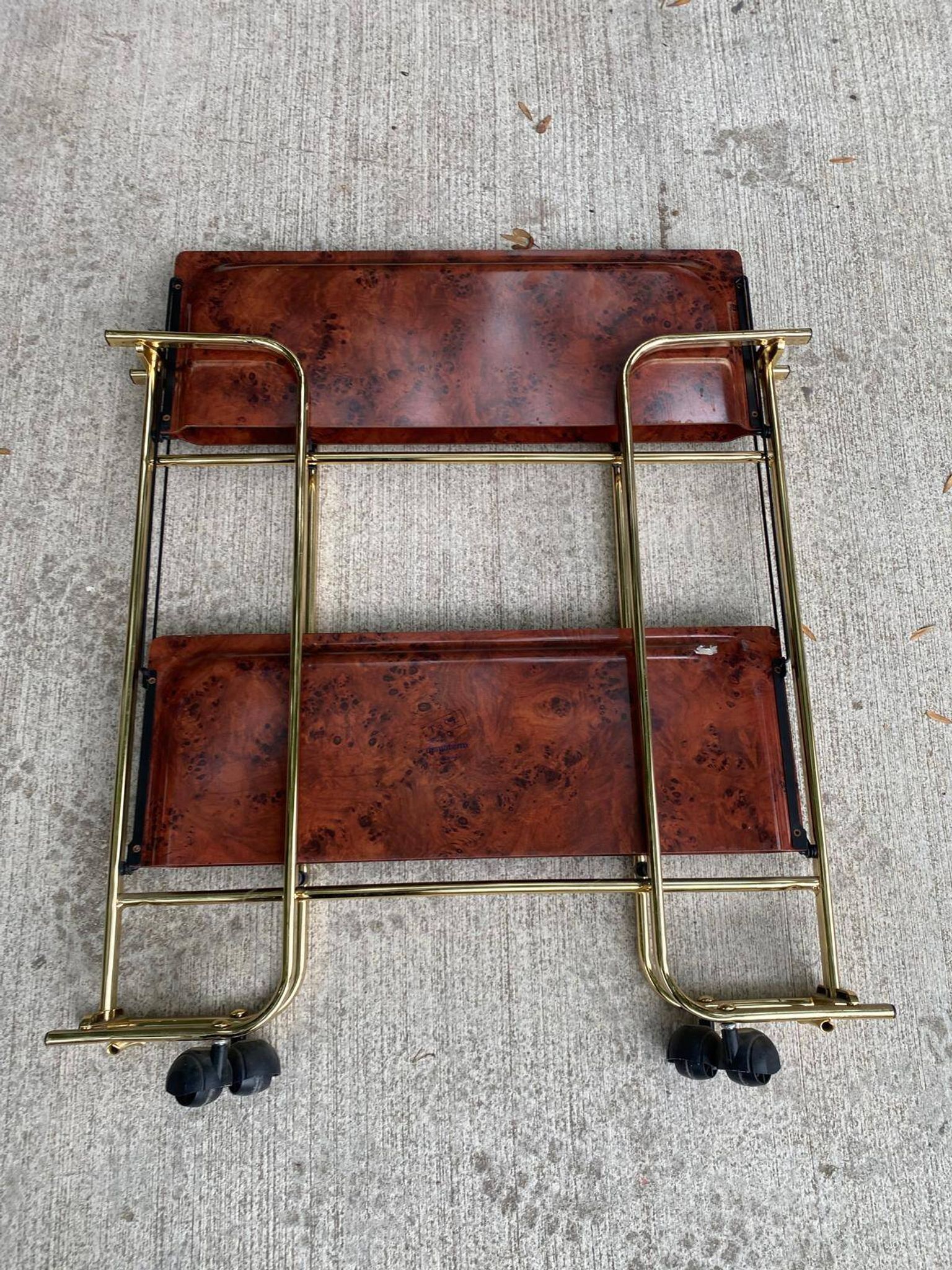Vintage 70s folding bar table, brass with wood burl effect, Dinet style.