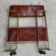 Vintage 70s folding bar table, brass with wood burl effect, Dinet style.