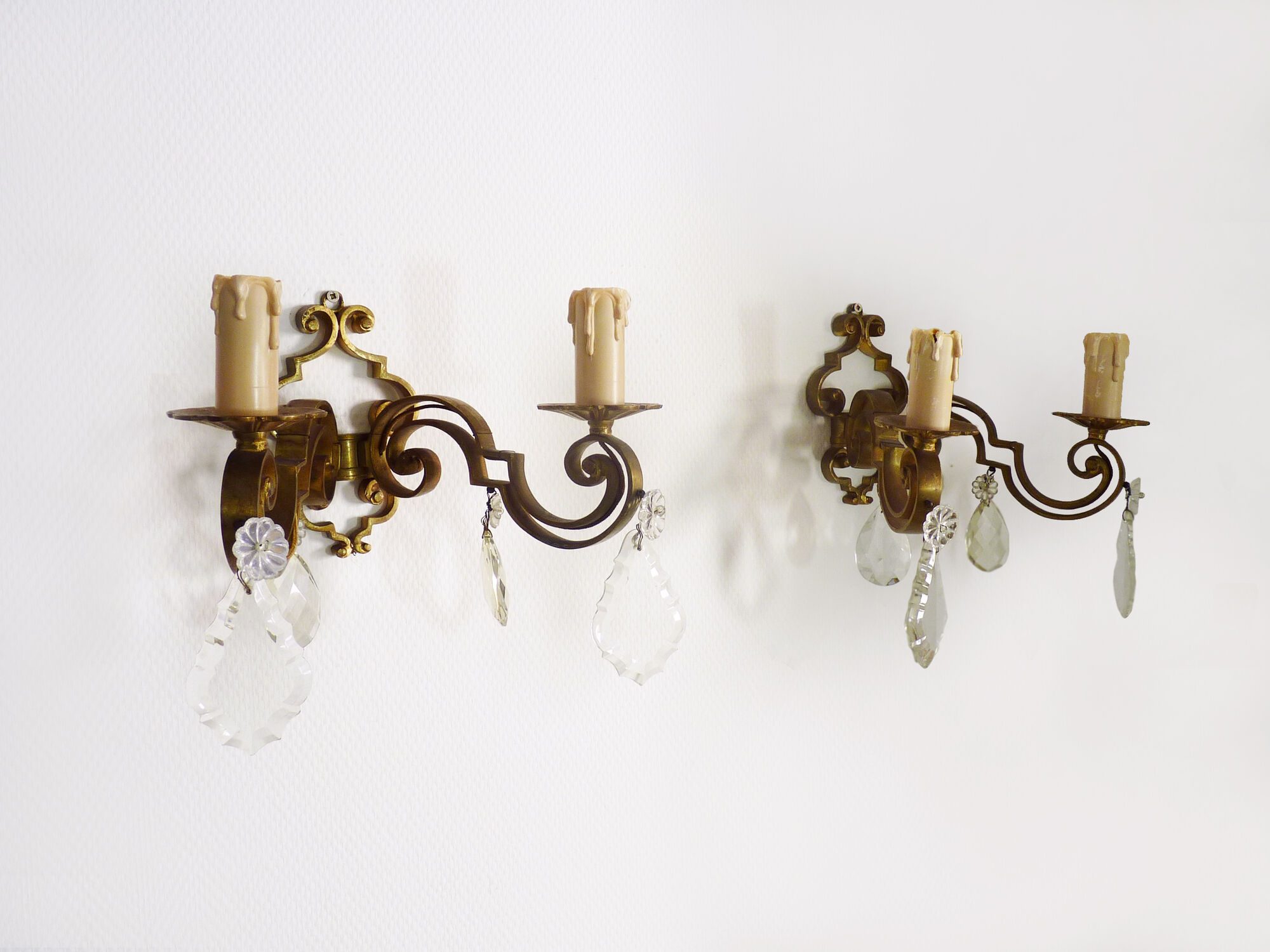 Former pair bronze wall sconces with double lights and tassels. Art Deco period
