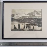 Framed vintage photograph of an alpine lake with hikers, 1930, 36 x 29 cm.