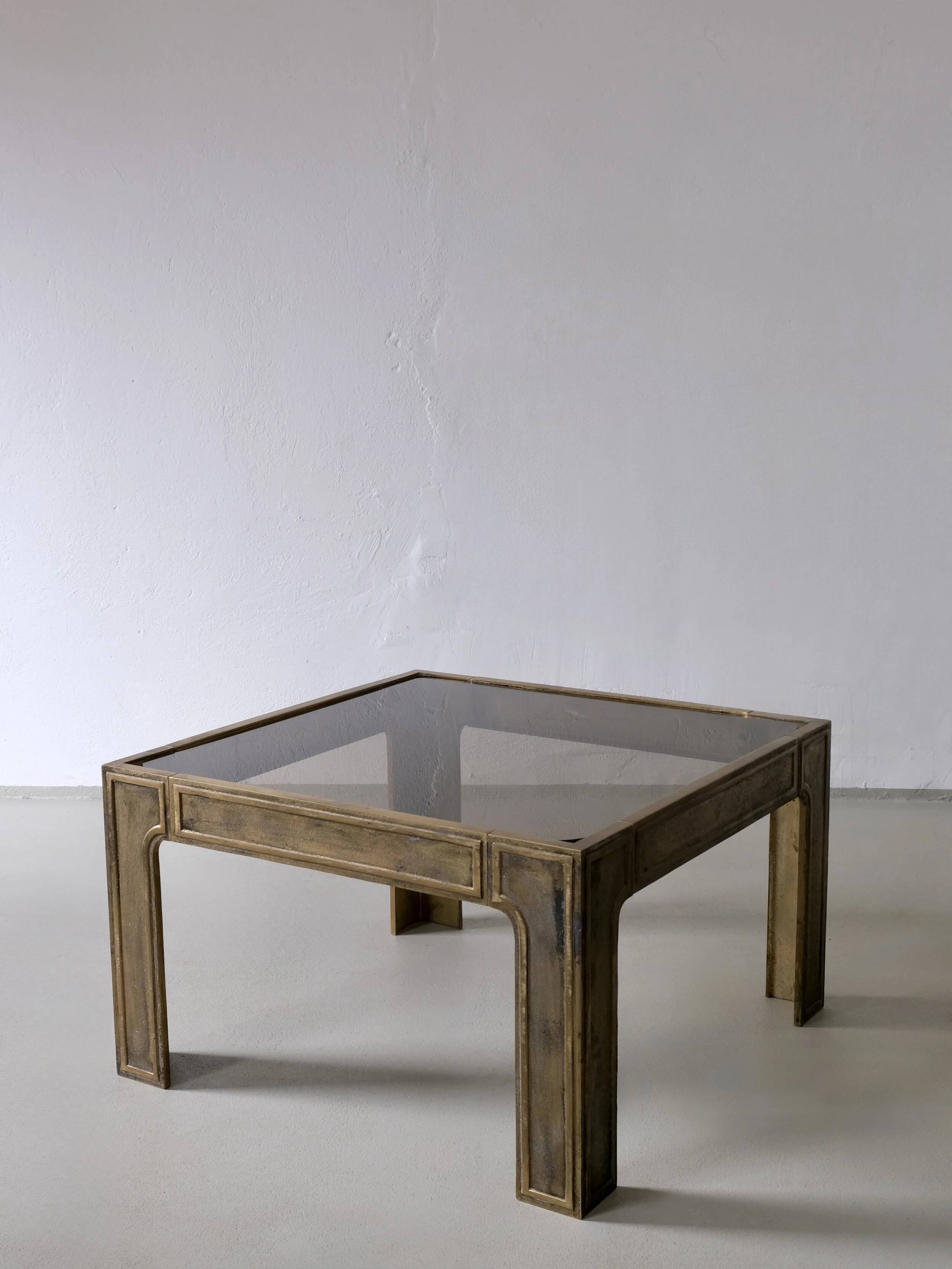 Brutalist bronze and glass square coffee table | 1970s