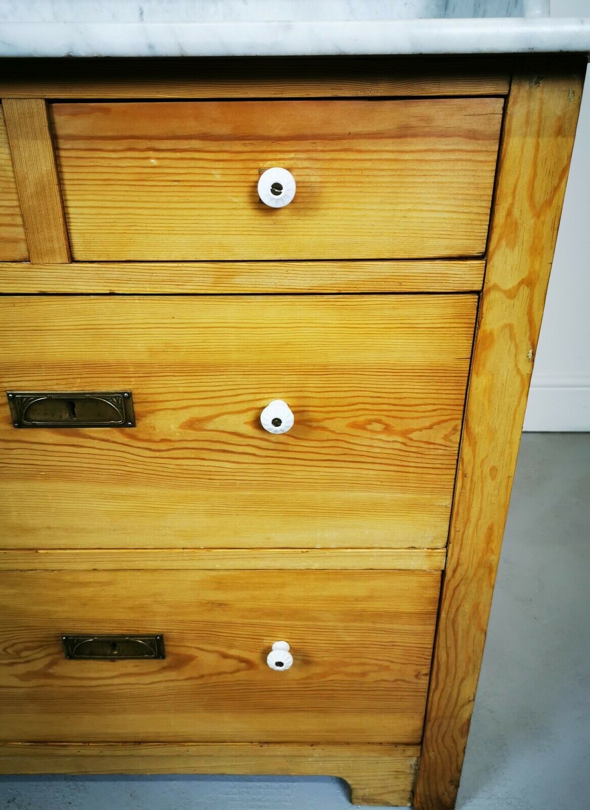 Victorian Antique Marble Top Pine Wash Stand Cupboard, Chest Of Drawers, Sink
