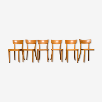 series of 6 chairs bistrot bar café vintage restaurant in light wood baumann luterma fischel 1960