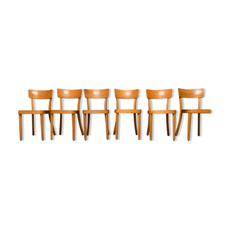 Série de 6 chaises bistrot bar café restaurant vintage en bois clair baumann luterma fischel 1960