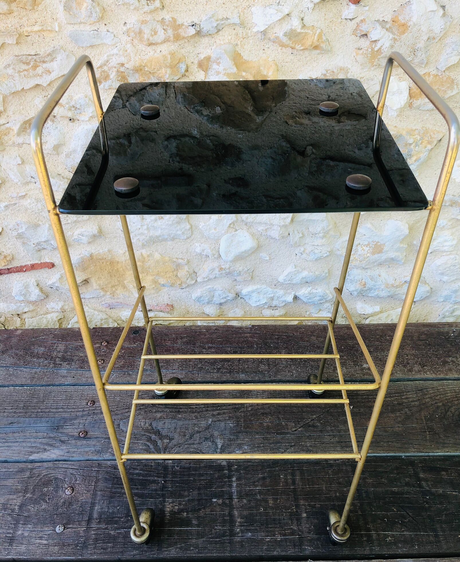 Vintage side table in brass and smoked glass, 1960