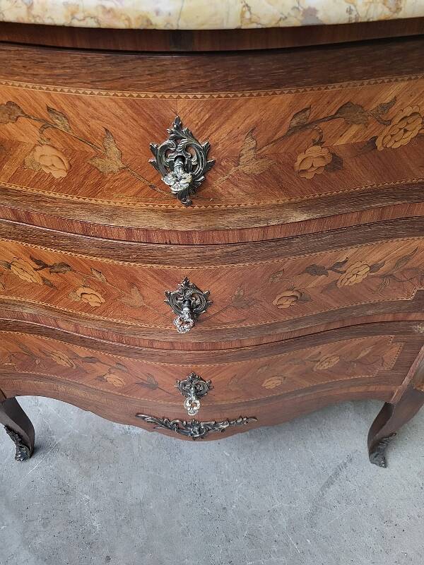 CURVED MARQUETRY CHEST WITH MARBLE TOP 3 ROSEWOOD DRAWERS