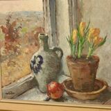 Huile sur toile suédoise originale « Nature morte à la plante en pot »