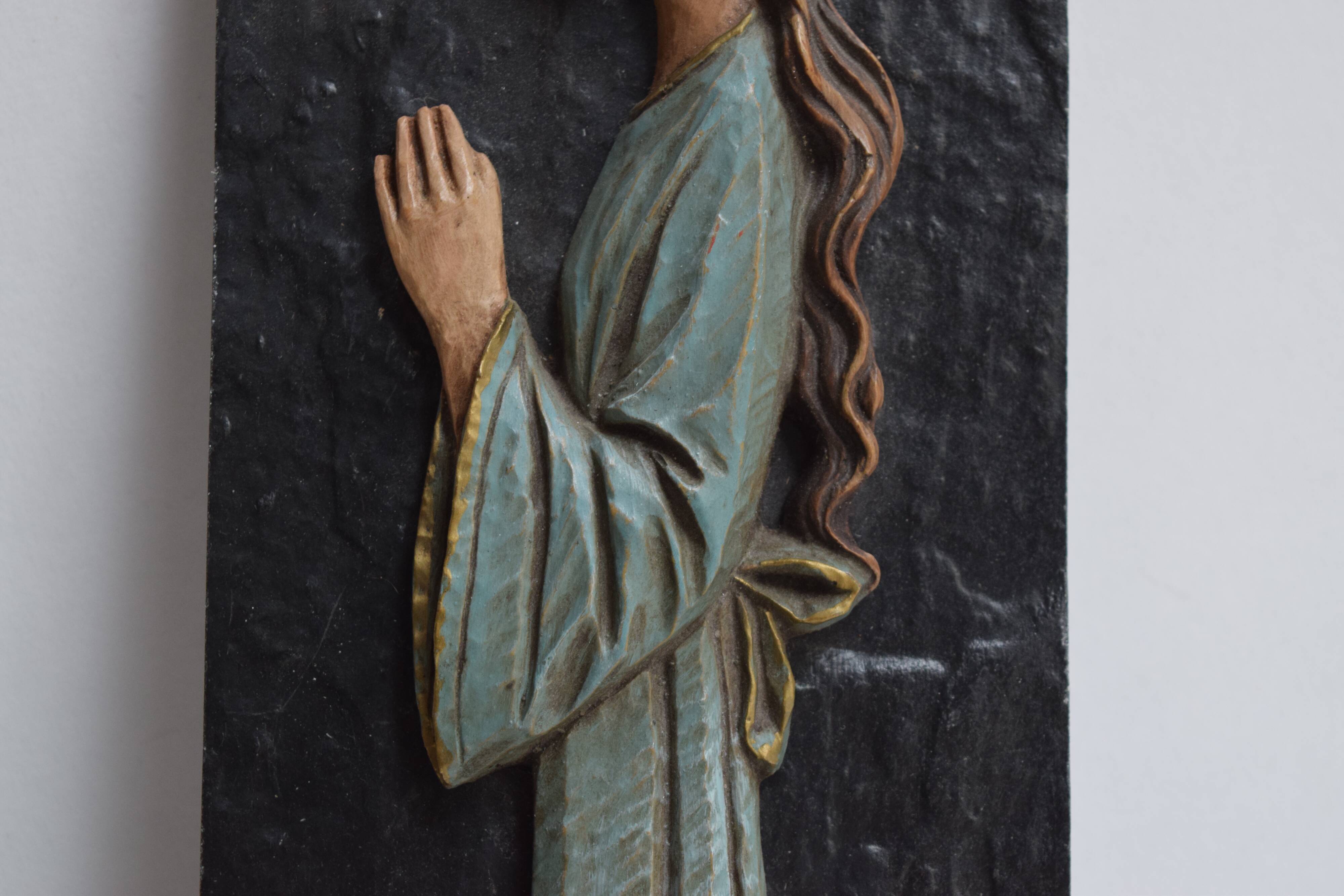 Religious slate wall plaque - hand-painted carved wood overprint - 1970