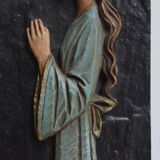 Religious slate wall plaque - hand-painted carved wood overprint - 1970