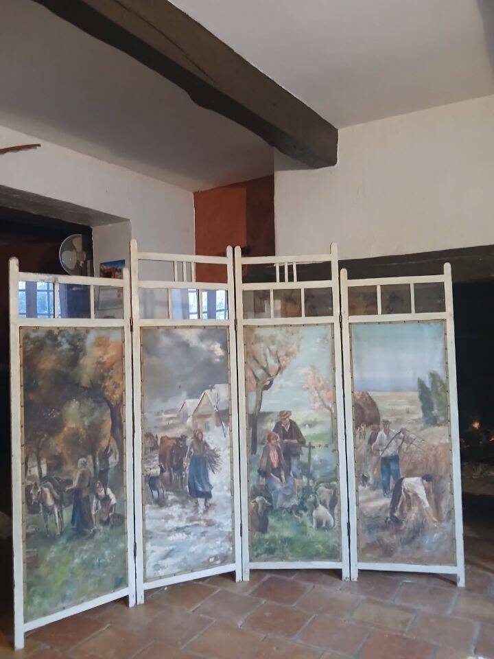 Screen XIX, four painted panels, rural decor. Art Deco style.