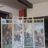 Screen XIX, four painted panels, rural decor. Art Deco style.