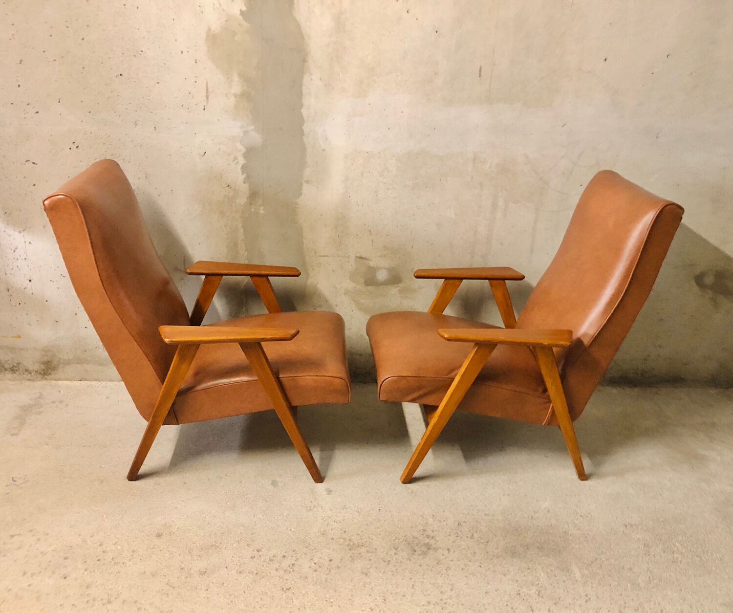 Pair of armchairs Scandinavian design feet compass vintage period 1960s