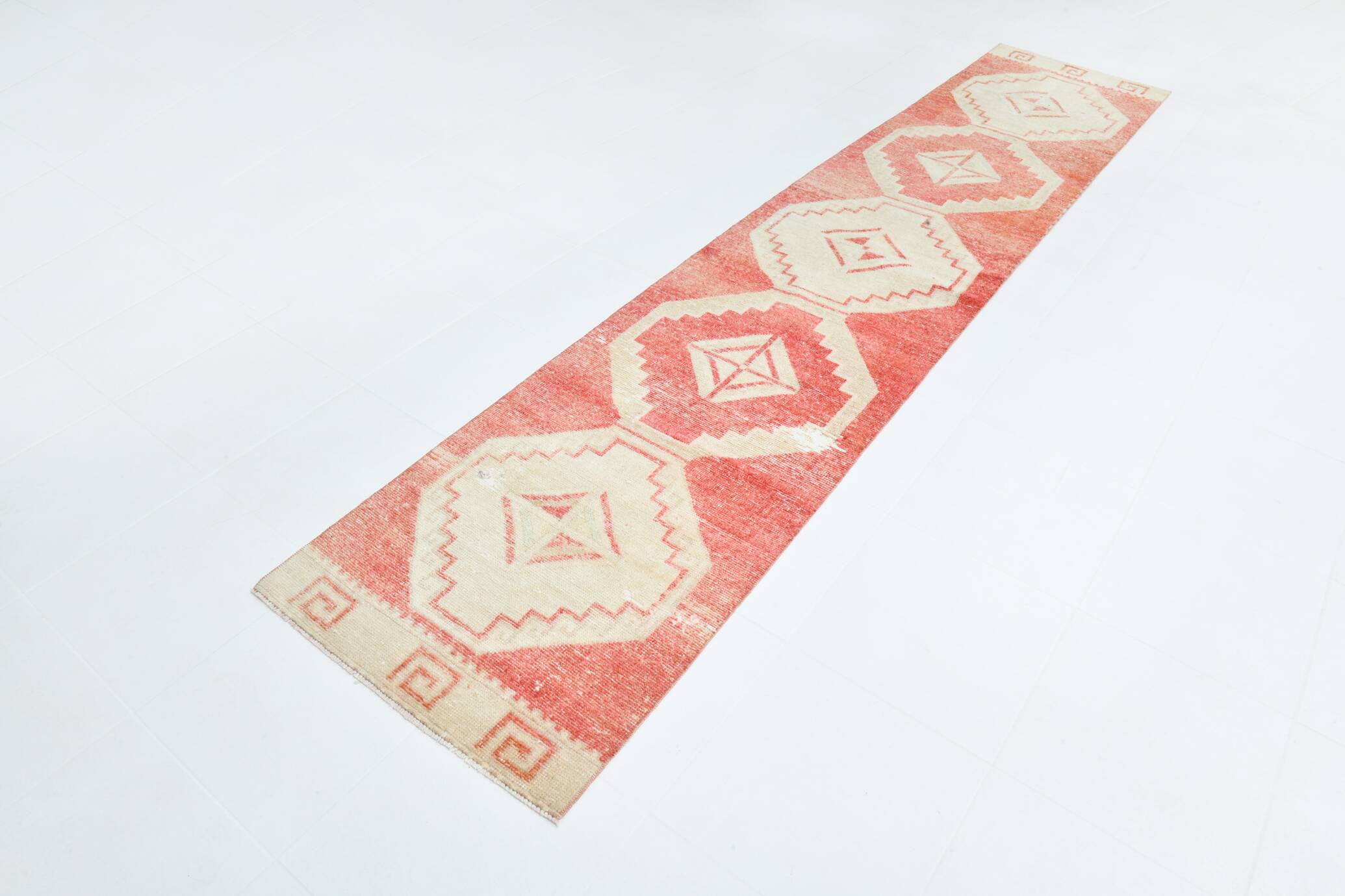 Turkish Classic Red & Cream Vintage Runner Rug, 77x379Cm