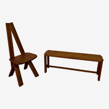 Chaise et banc en bois massif