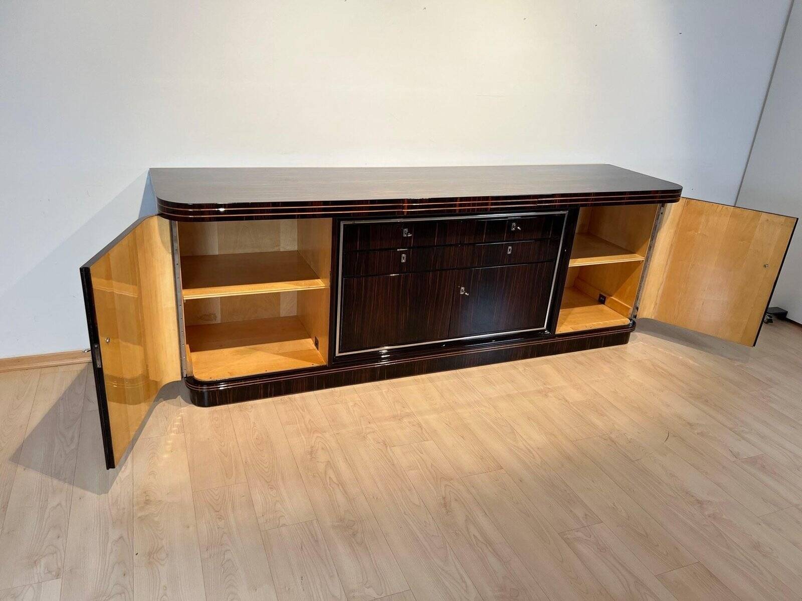 Large Art Deco Sideboard in Macassar Ebony, Maple & Chrome, France, 1930s