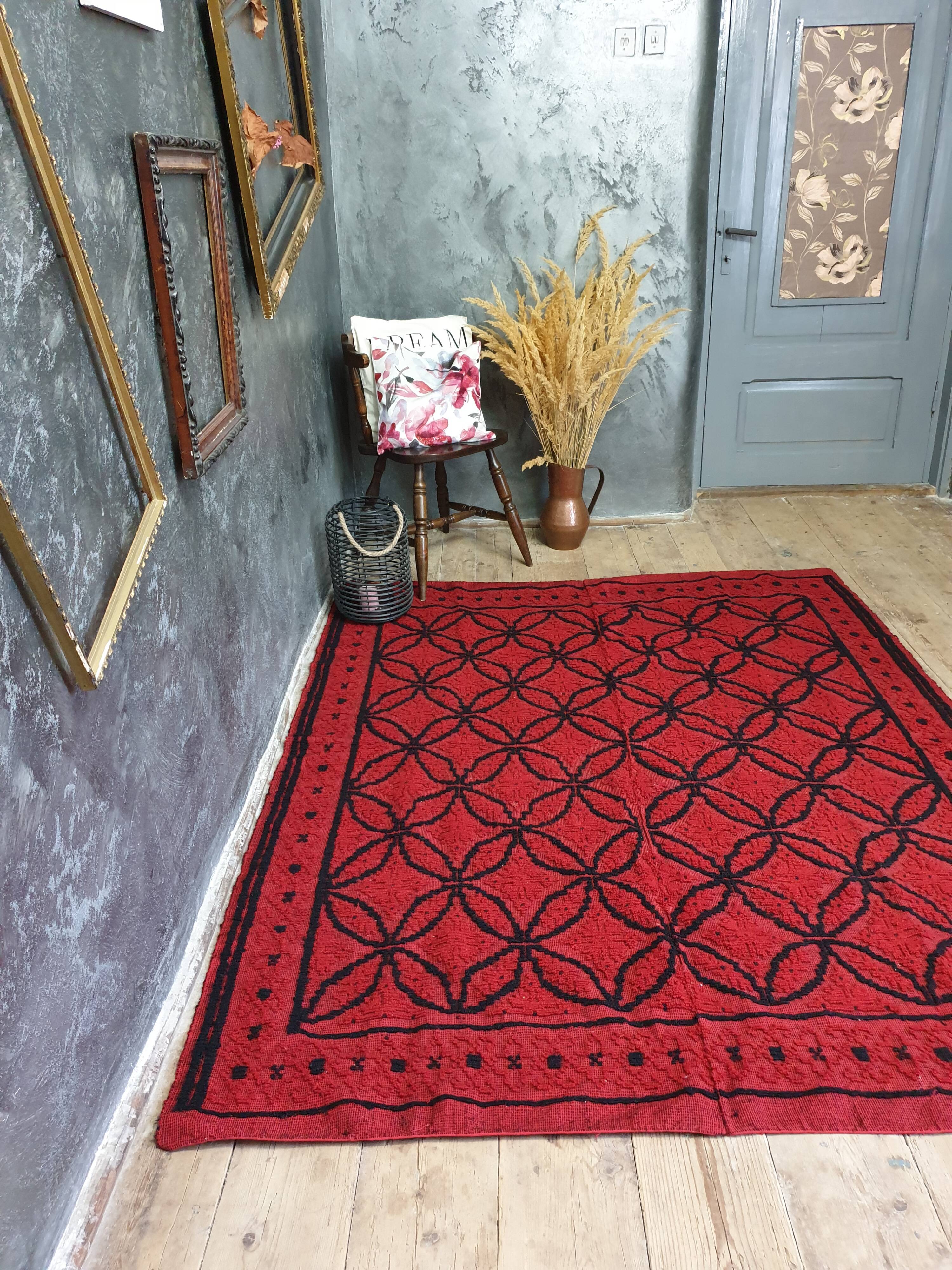 Romanian wool handwoven rug in red and black 210x163cm