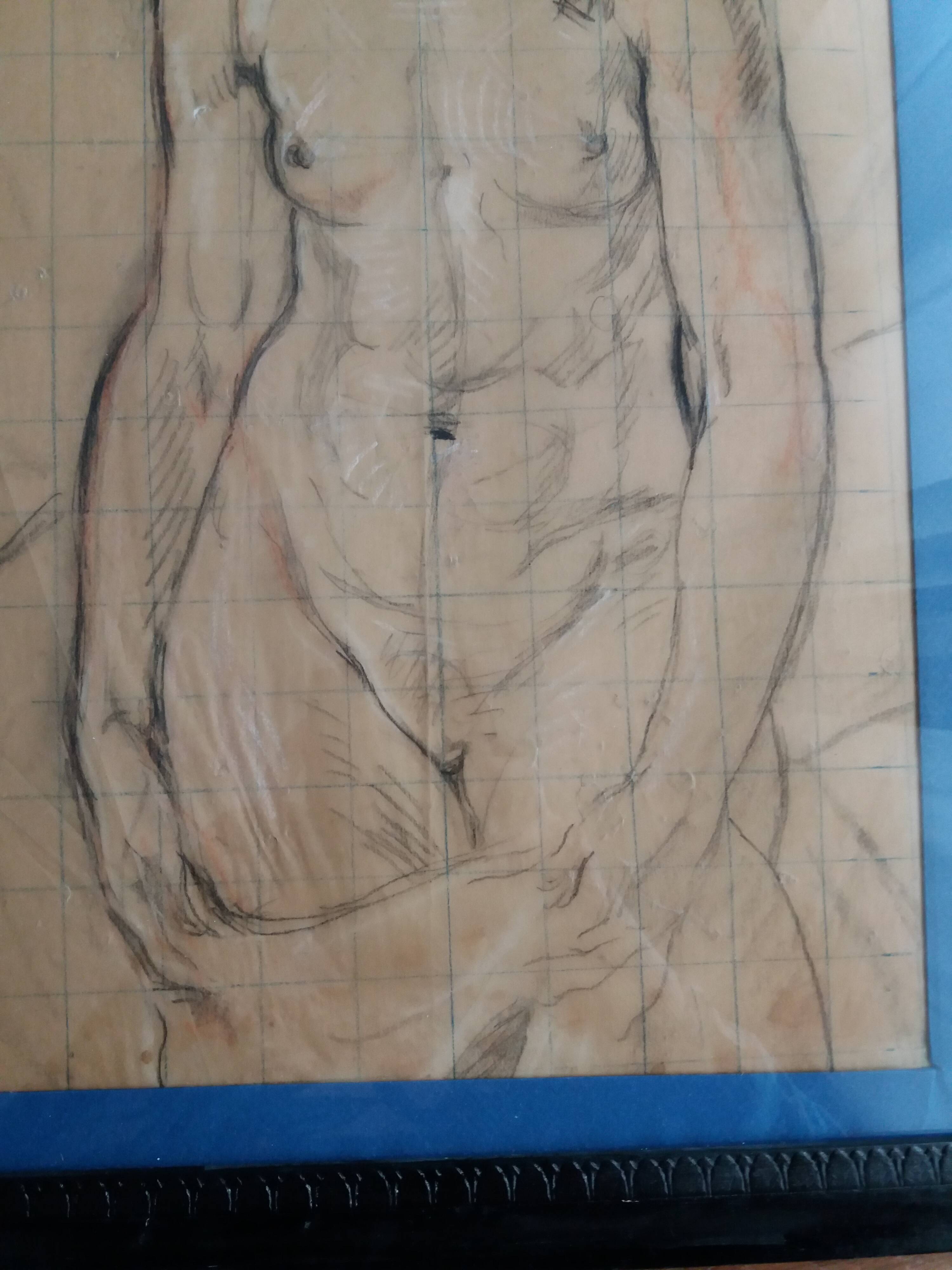 Study of a female nude in charcoal and sanguine, first half of the 20th century