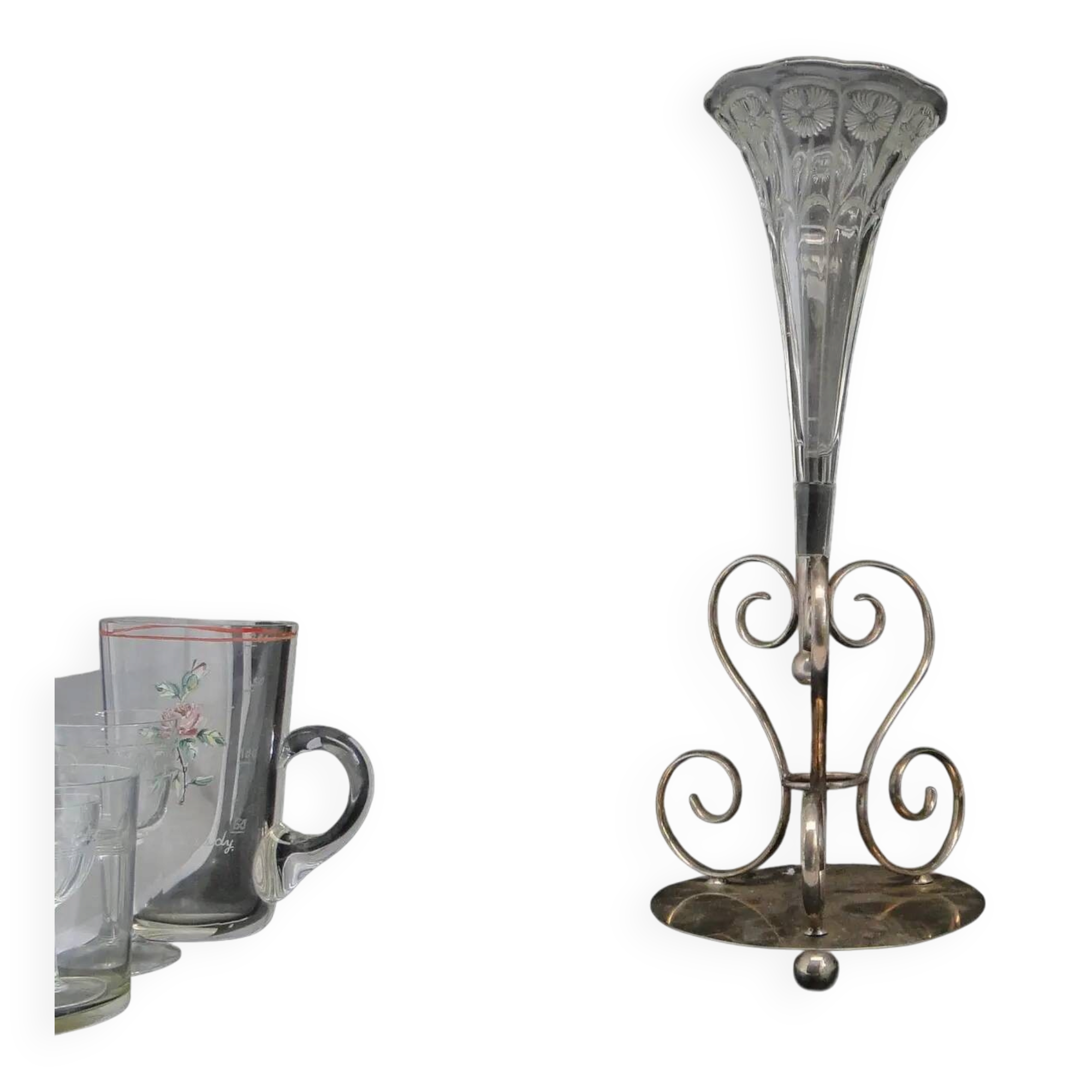 Trumpet vase, Art Nouveau, pressed glass and silver-plated brass, United Kingdom, early 20th century