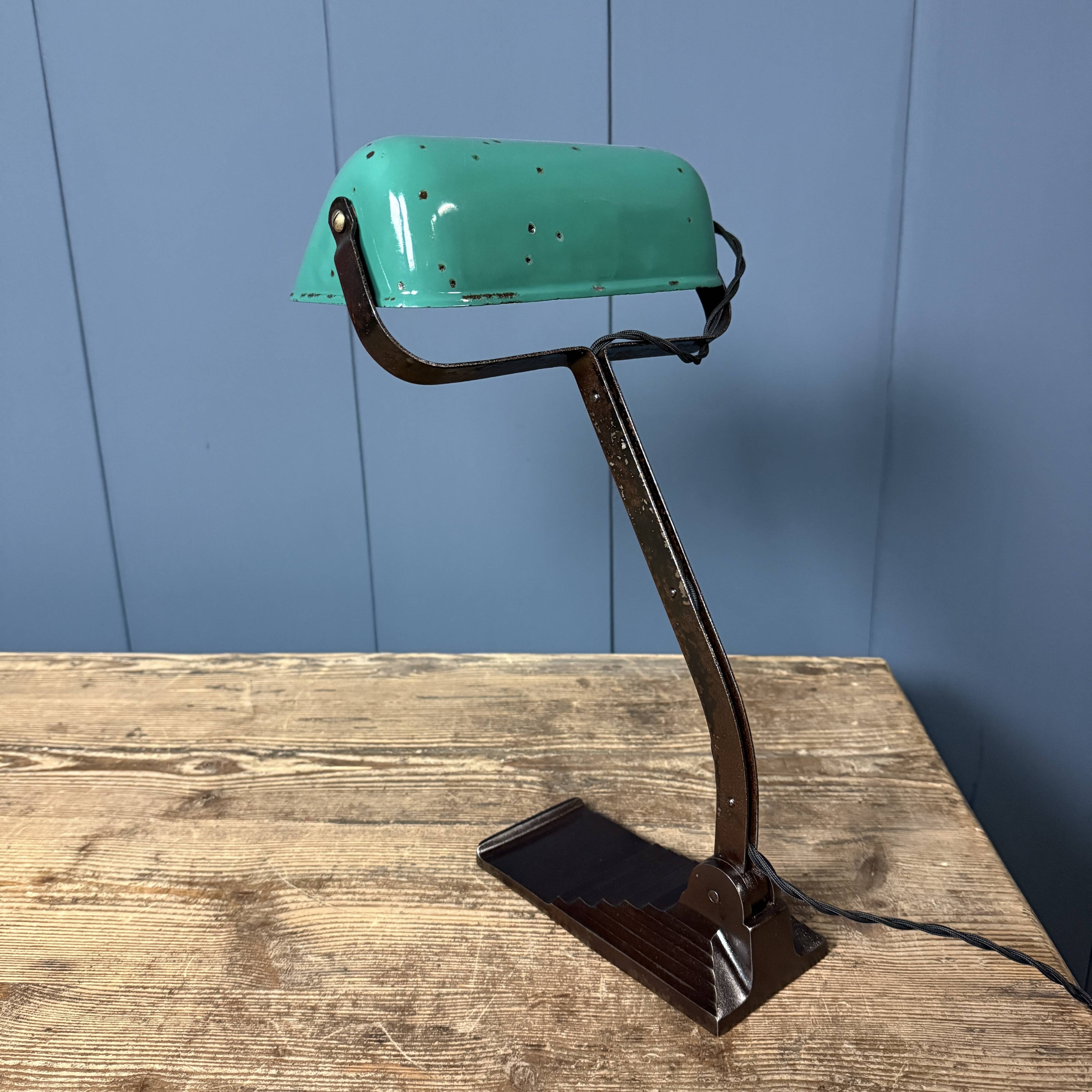 Erpé banker’s lamp with a turquoise enamel shade.