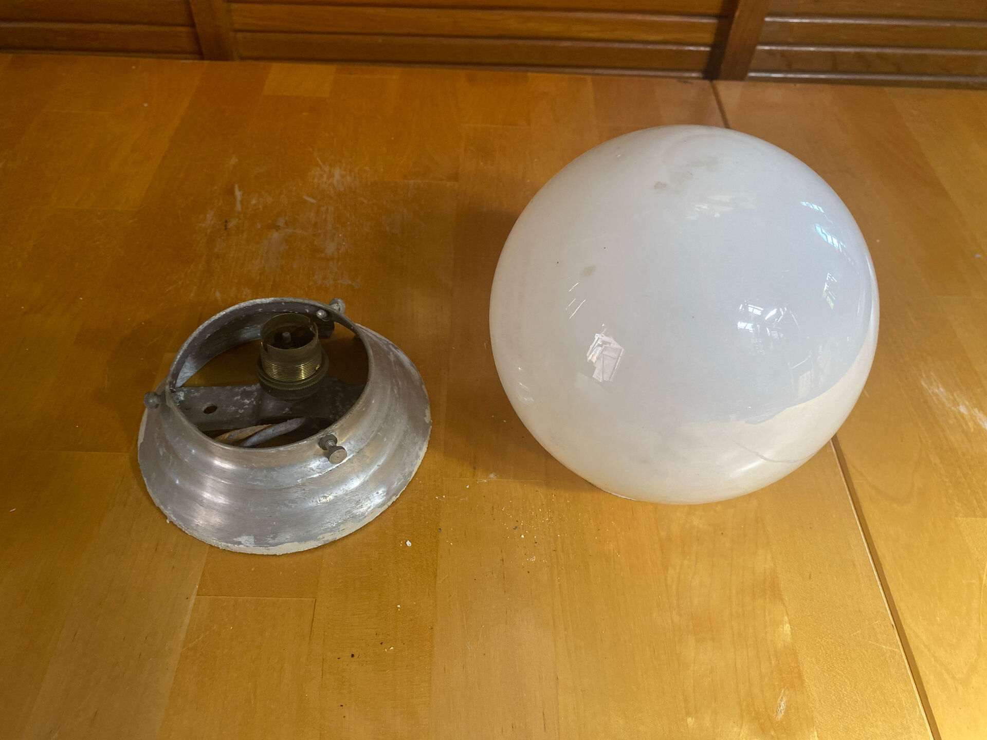 Vintage Ceiling Light Opaline White Ball + Aluminium Support 50s #E