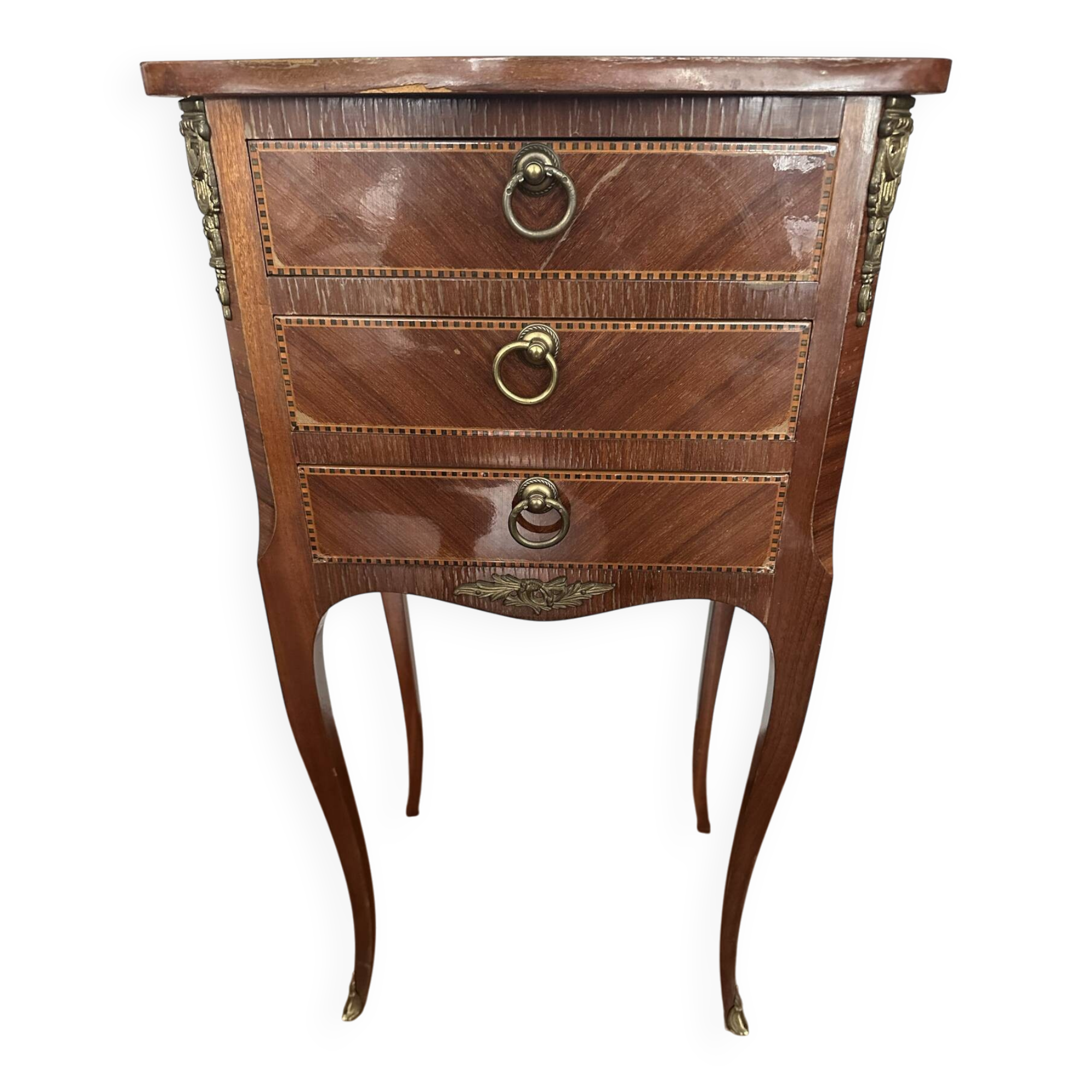 Small bedside table in marquetry in the Louis XV style.