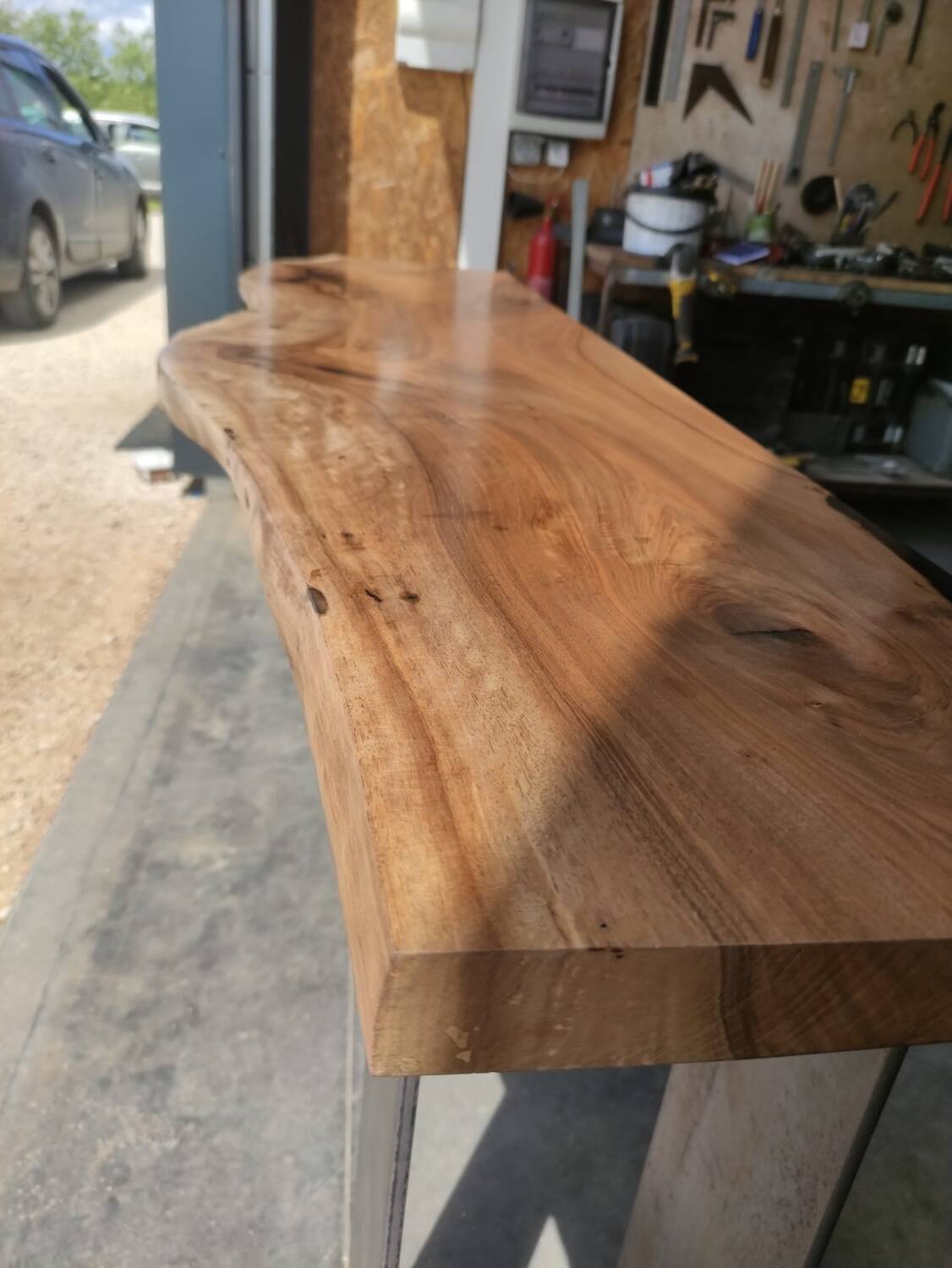 Walnut console with steel legs