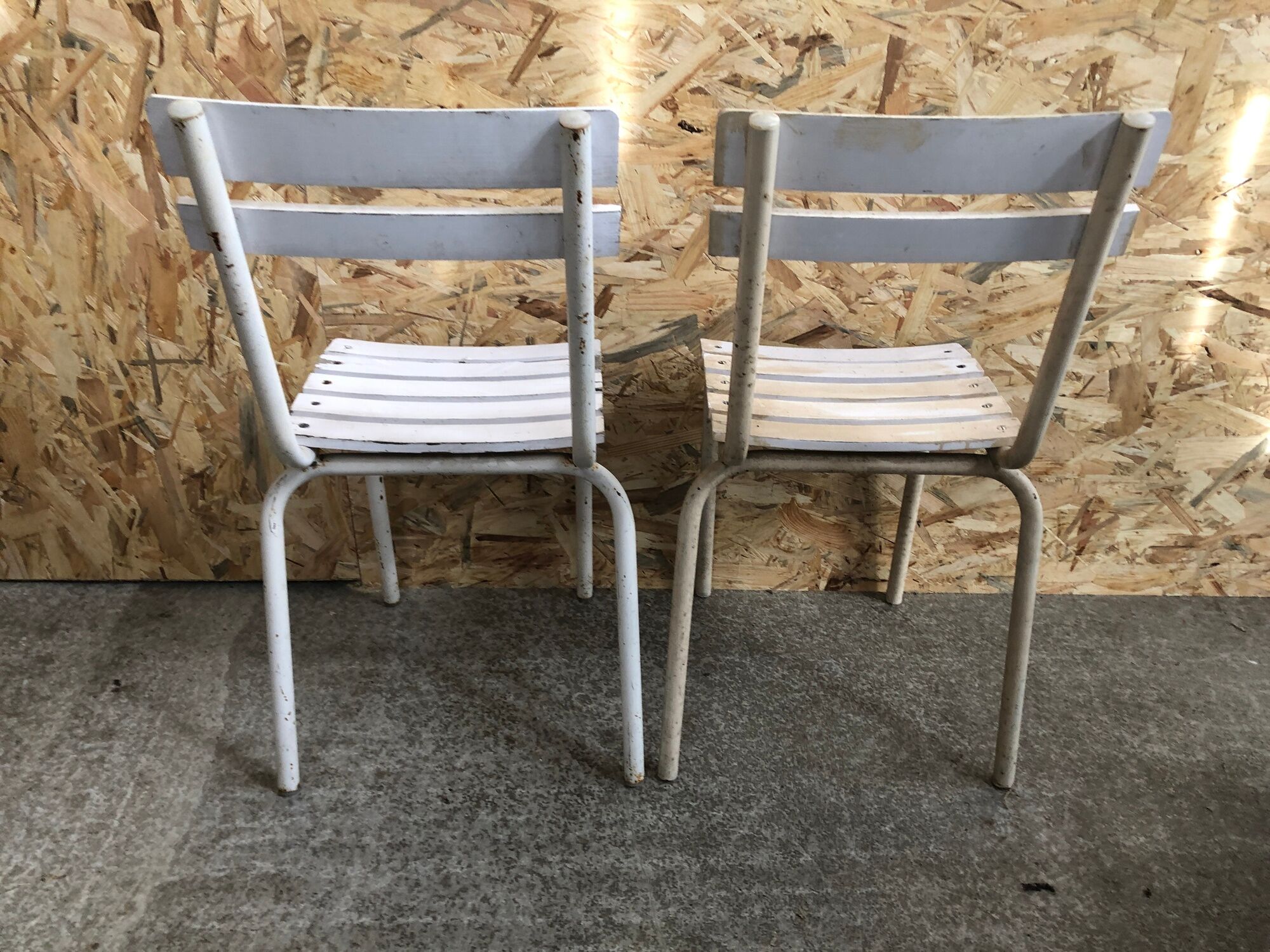Pair Old Garden Chair Metal Structure + Vintage White Wood Slats