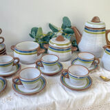 Vintage 1950s speckled stoneware coffee set with grey, green, and blue stripes