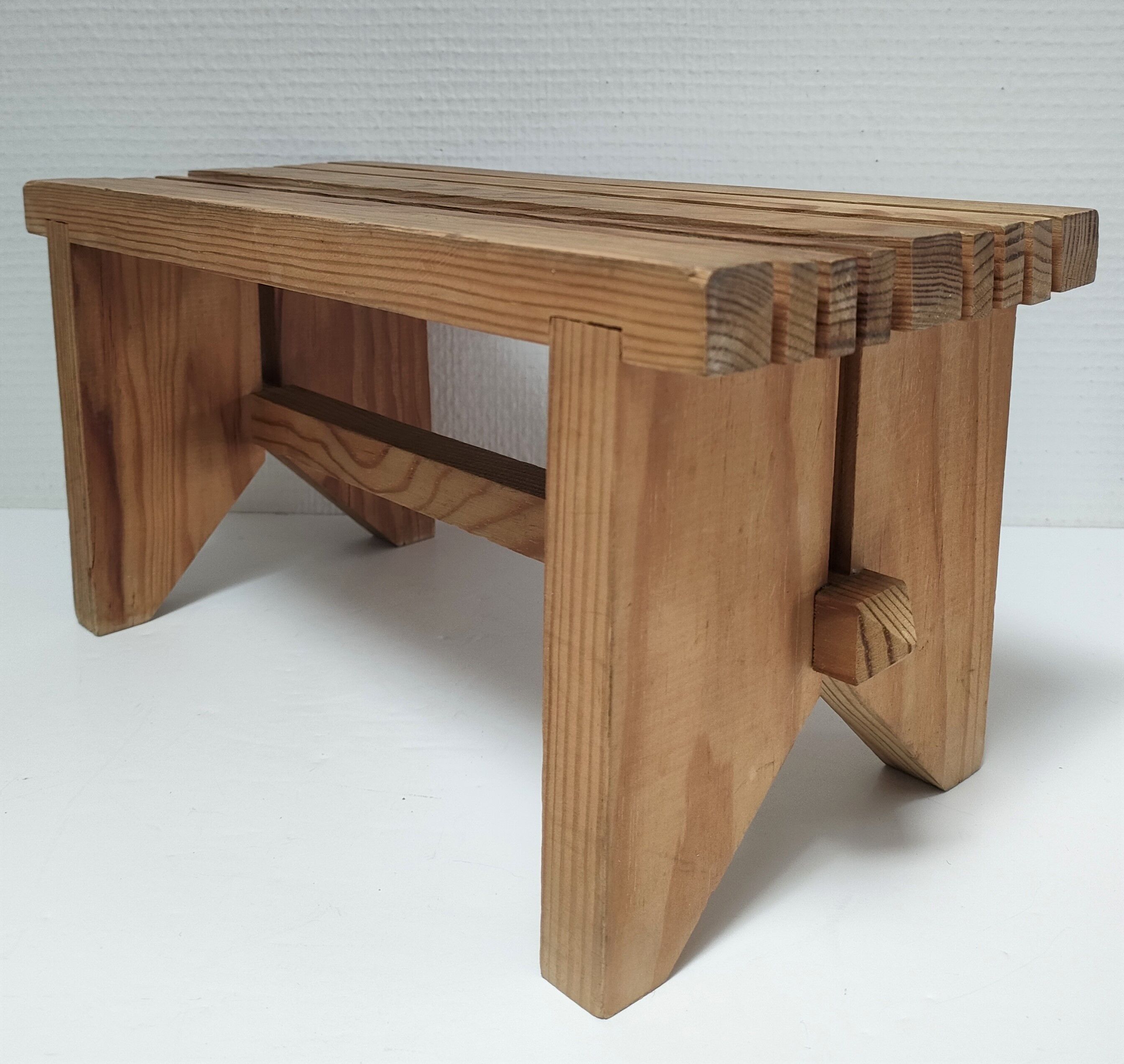 Vintage solid pine slatted low stool