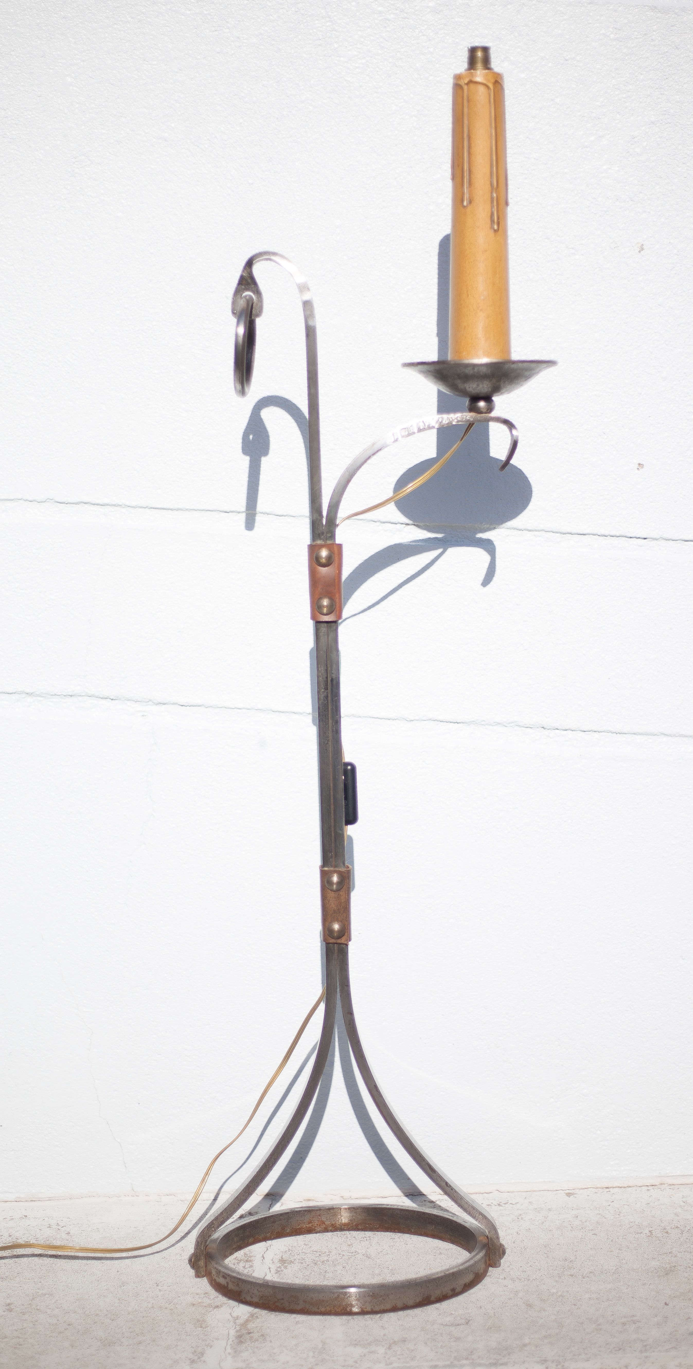 Wrought iron floor lamp Ryckaert JP, Wrought iron and leather floor lamp, living room lamp, 60's