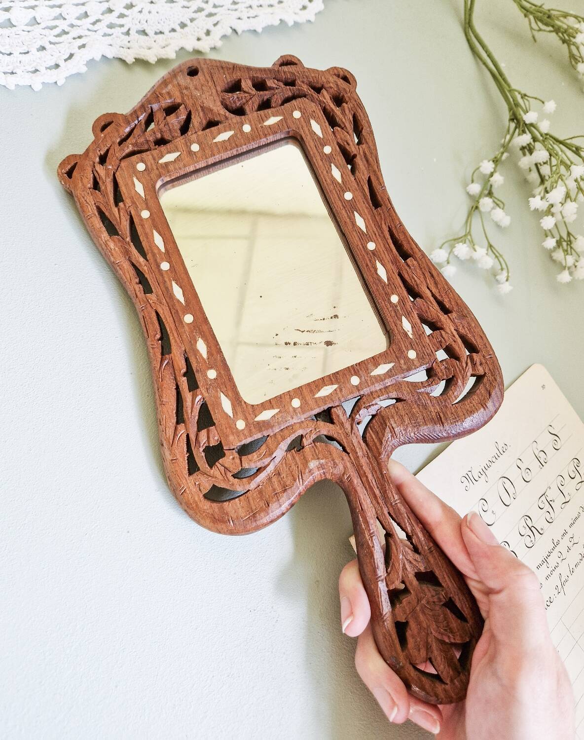 Vintage hand mirror in hand carved wood and bone inlay