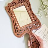 Miroir à main vintage en bois sculpté artisanal et incrustations os