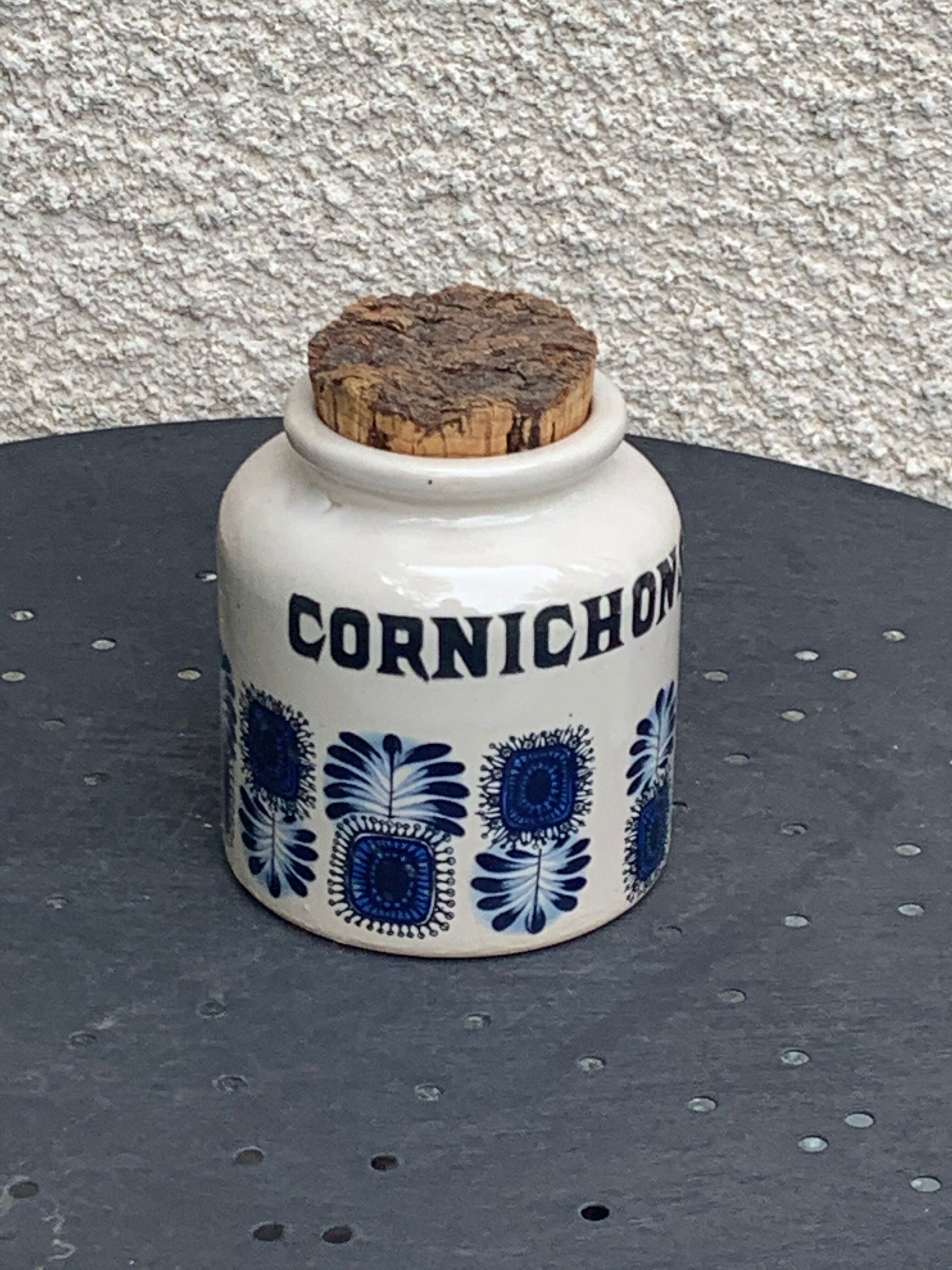 Grey sandstone pot with blue patterns and vintage liege cork 1970