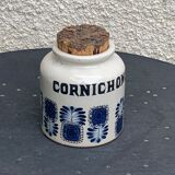 Grey sandstone pot with blue patterns and vintage liege cork 1970
