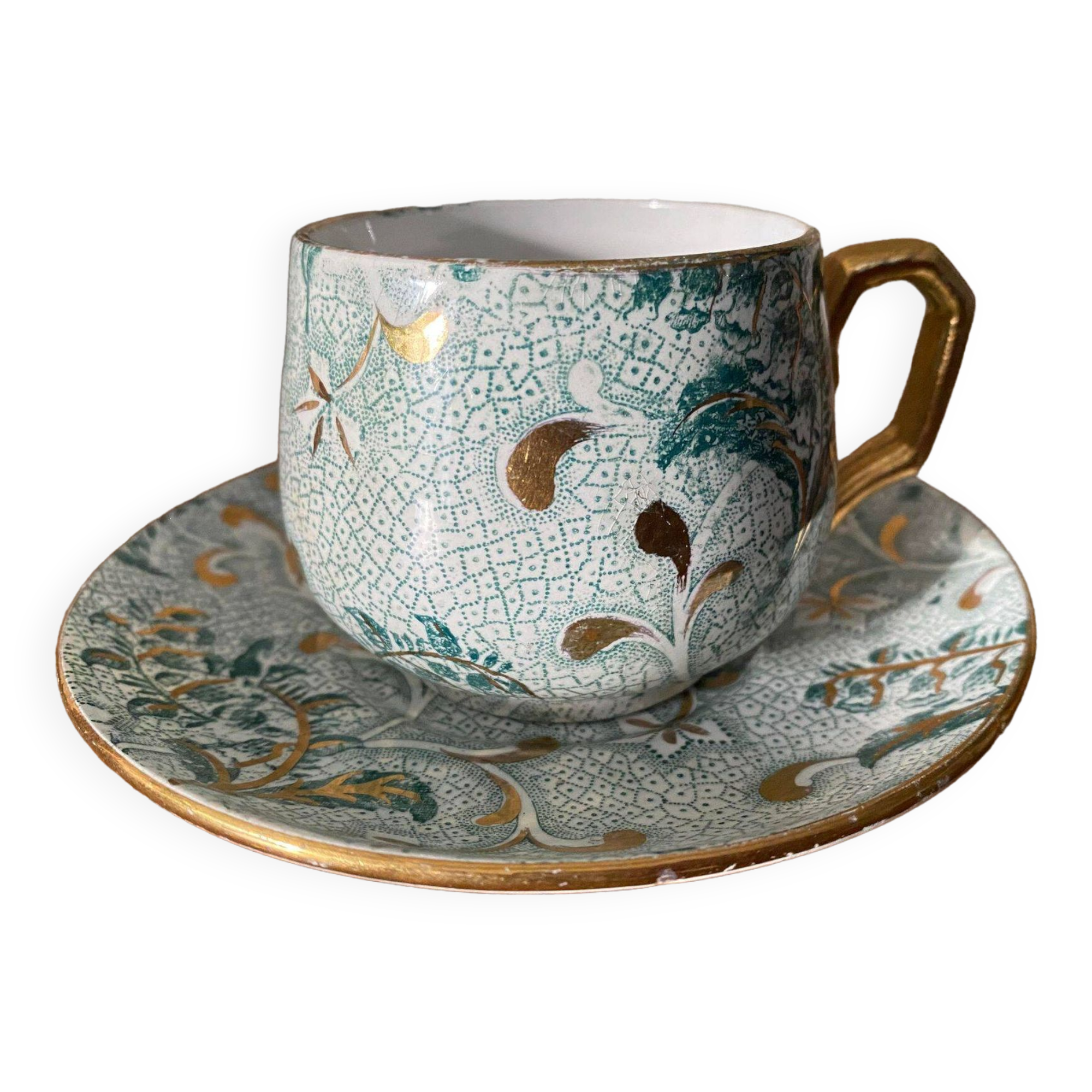 Creil et Montereau cup and saucer green and gold floral pattern