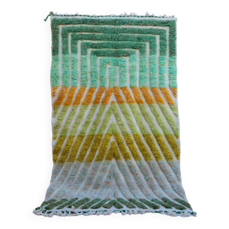 Moroccan blessed ouarain green orange rug with modern reliefs